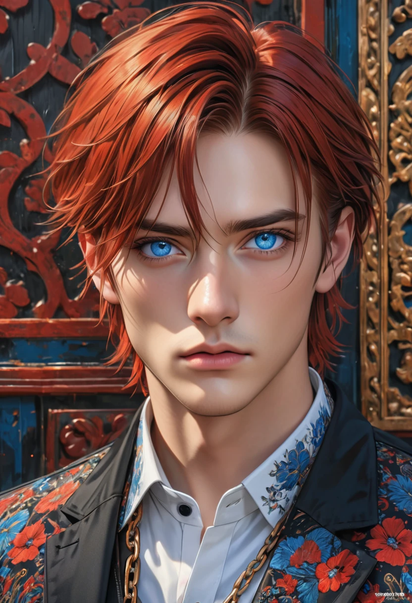absurdres, highres, ultra detailed, HDR, master piece, best quality, extremely detailed face and eyes, perfect face, realistic face, beautiful eyes, Arthur Leywin, red hair, medium hair, expressive blue eyes,Tbate, black jacket, withe shirt, patterns, solo, man, handsome,background chain, 