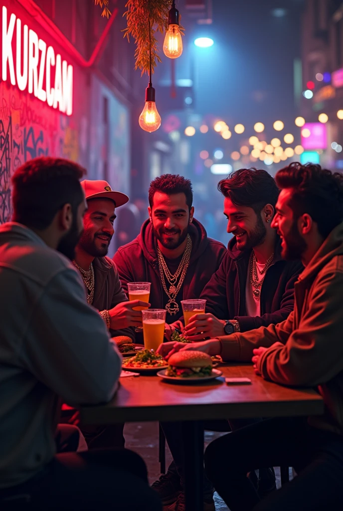 Turkish rappers with chains eating hamburger and drinking beer together, neon lights, graffitis on the walls, a bar