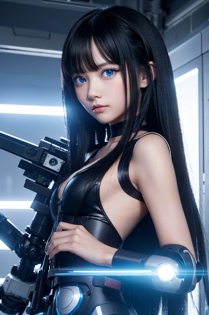A small robot with long black hair, blue eyes, a huge railgun, and who doesn't look like a robot at first glance.