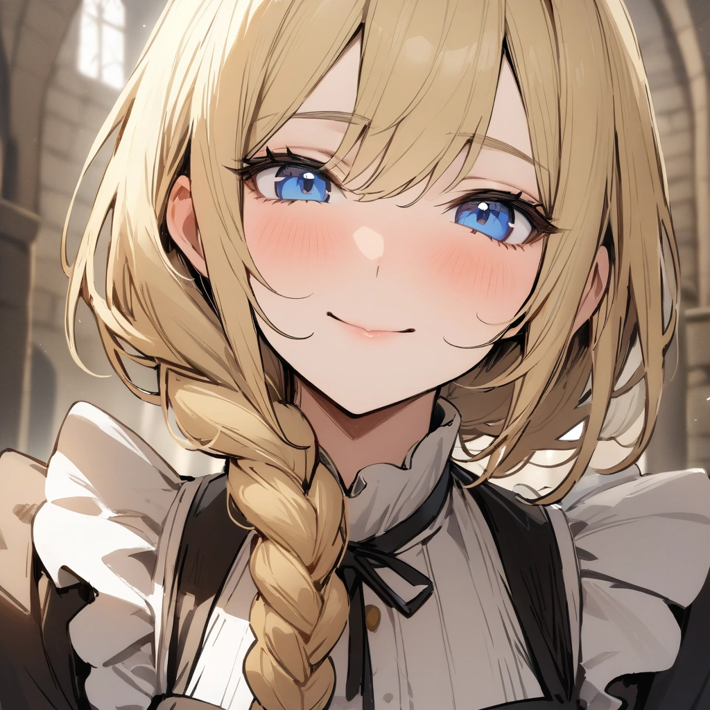 (female): solo, (perfect face), (detailed outfit), happy expression, blue eyes, , blonde hair, long braided hair, maid outfit, (face close up), indoor, medieval mansion, (masterpiece), (best quality), (sharp focus), (depth of field), (high res)