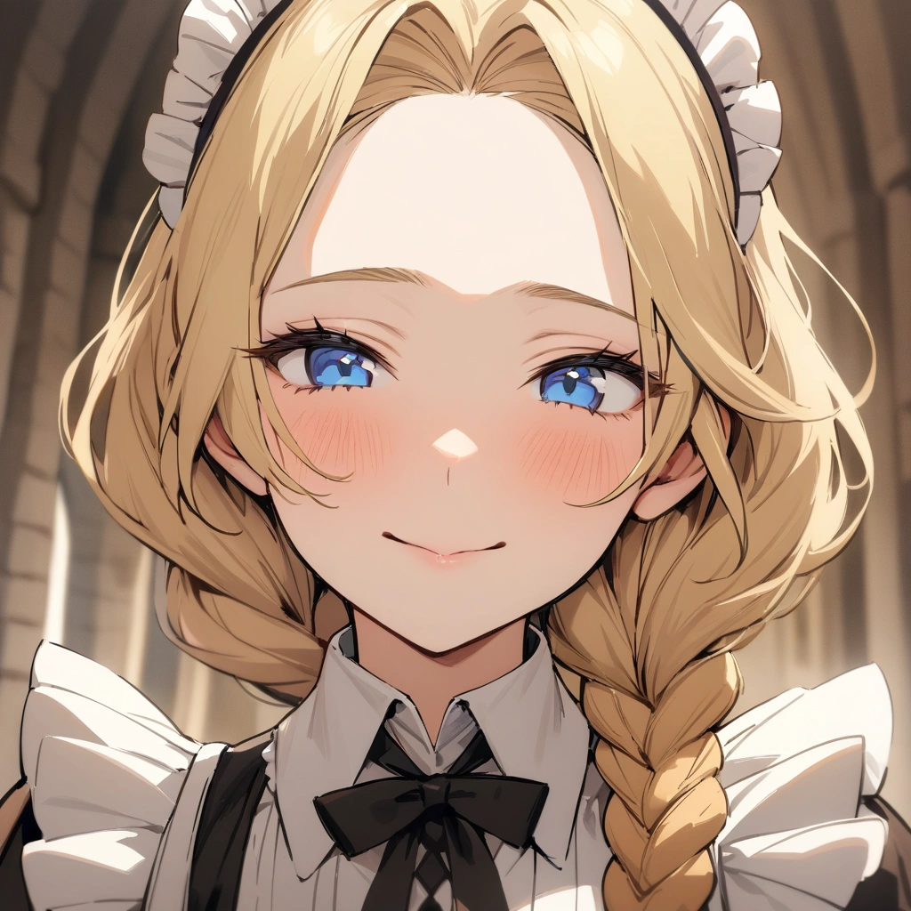 (female): solo, (perfect face), (detailed outfit), happy expression, blue eyes, , blonde hair, long braided hair, maid outfit, (face close up), indoor, medieval mansion, (masterpiece), (best quality), (sharp focus), (depth of field), (high res)