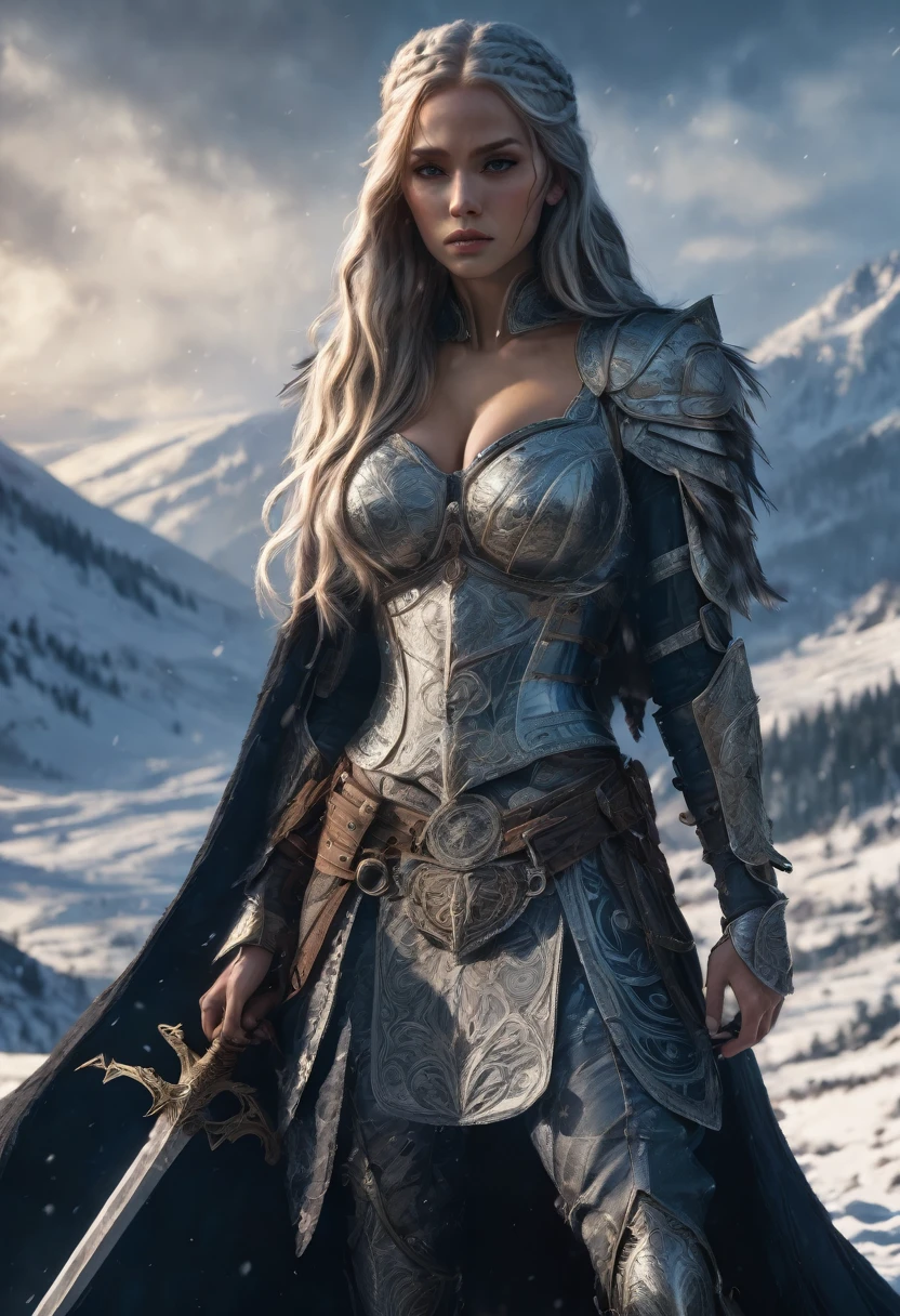 (fantasy style), beautiful female Norse Valkyrie, long flowing hair with braids, adorned in revealing ornate intricately designed armor with runes, large feathery and armored wings, thigh straps, poised and dynamic, wielding an ornate longsword covered in runes, looking down on a cold snowy battlefield littered with dead, radiant skin, cold and distant expression, full body, dynamic pose, life size, perfect anatomy, detailed skin texture, full HD, 4K, HDR, perfect anatomy, depth of field