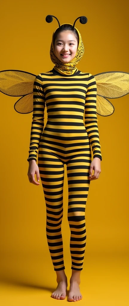 the beautiful,slender thin and prettiest Asian muslimah adult girl with beautiful cheeks wears striped light yellow bee lycra turtleneck unitard catsuit covered with seamless black stripes with a pair of bee costume wings and always wear bee lycra elastane stretchy dance wear hijab covered with seamless stripes with antennae.She is laughing to the flowers.




