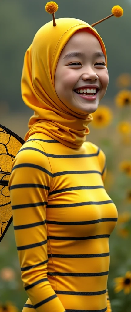 the beautiful,slender thin and prettiest Asian muslimah adult girl with beautiful cheeks wears striped light yellow bee lycra turtleneck unitard catsuit covered with seamless black stripes with a pair of bee costume wings and always wear bee lycra elastane stretchy dance wear hijab covered with seamless stripes with antennae.She is laughing to the flowers.