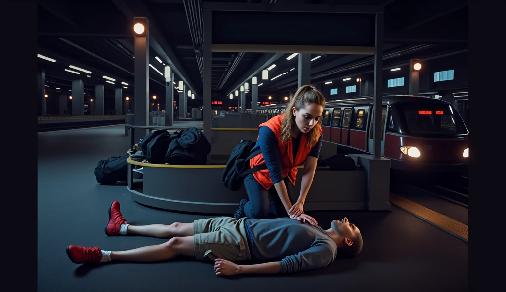 Scene at subway station,A subway train passing by in the background,Someone in front is using an AED to rescue the person lying down,3d,OC Renderer,High quality local rendering, Clean 3D Rendering,Hyper-realistic 3D rendering