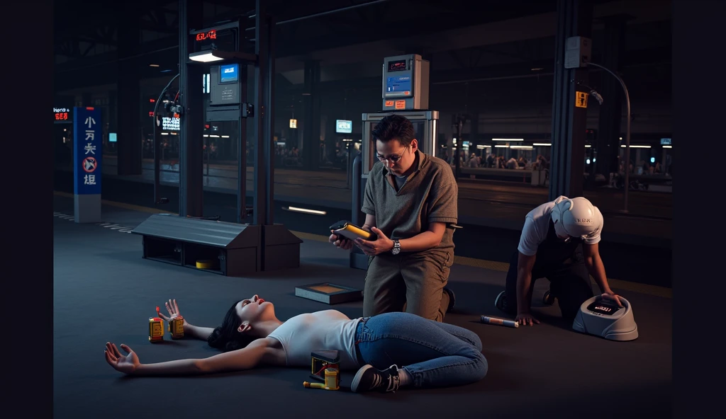 Scene at subway station,A subway train passing by in the background,Someone in front is using an AED to rescue the person lying down,3d,OC Renderer,High quality local rendering, Clean 3D Rendering,Hyper-realistic 3D rendering