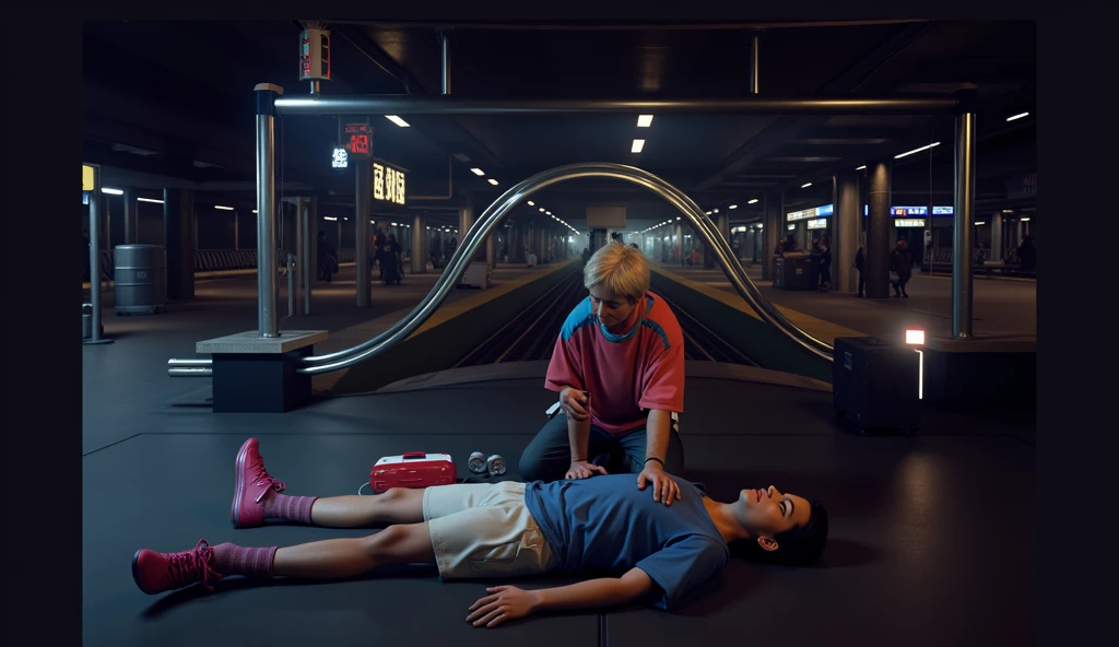 Scene at subway station,A subway train passing by in the background,Someone in front is using an AED to rescue the person lying down,3d,OC Renderer,High quality local rendering, Clean 3D Rendering,Hyper-realistic 3D rendering