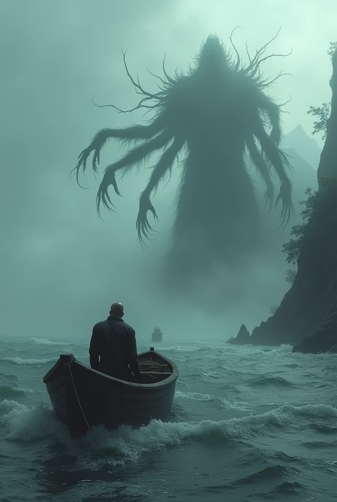 A bald young man drove a fishing boat and came across a mysterious island. And he saw a giant with many arms on the island in the dark, amidst the atmosphere full of fog.