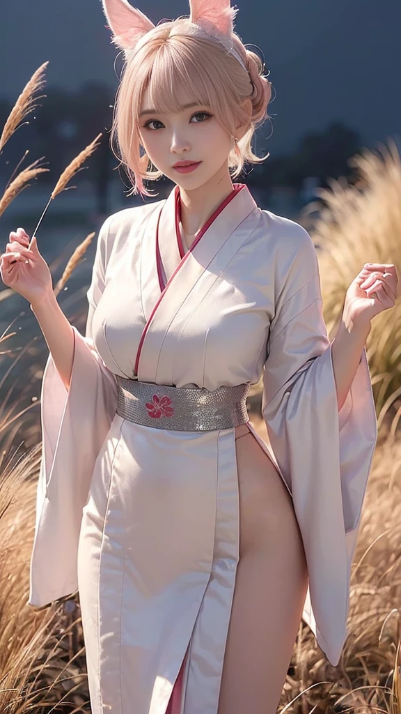 (Ultra high definition,Very sophisticated,Perfect Face, is 16,ghest quality,Realistic raw texture,Realistic,Natural smile,Pink platinum blonde,Sexy hairstyle:1.5),(Slender and exquisite physique,Stylish thin eyebrows:1.2),(see through,Japanese clothing,Japanese twelve-layered kimono,Bunny ears:1.4),(perfect body,perfect proportion,The torso is short,Red full moon and silver grass background,Time: Night:1.3),