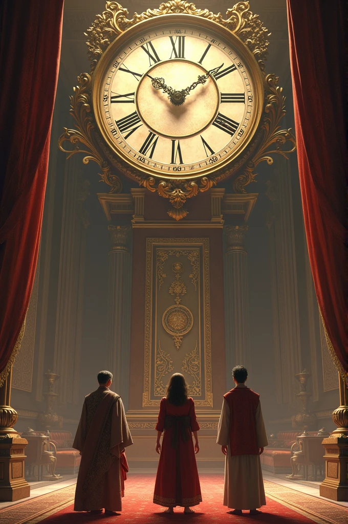 Inside a room is a huge clock and three people are standing in front of it
