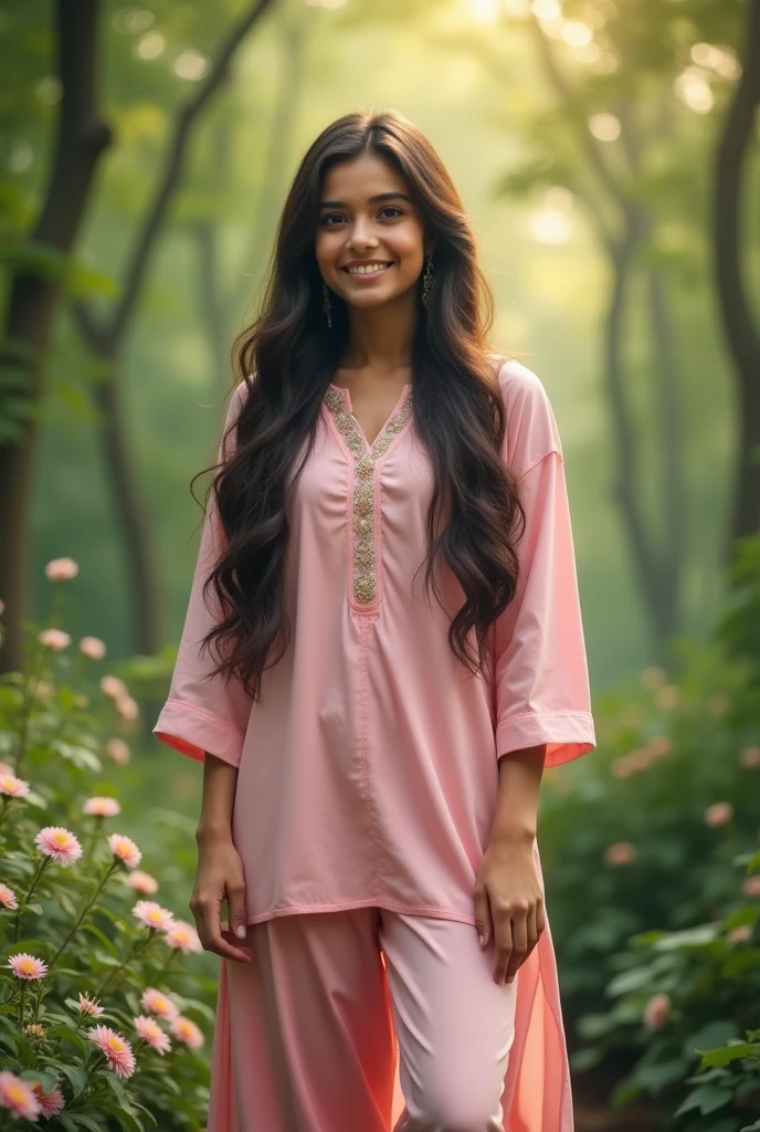 A girl whose height is 6 feet is the most beautiful girl in the world, she has a lovely smile on her face, she wears a light pink coloured kurta and pink coloured pyjamas, her hair is open and the background behind her is like a lush green forest