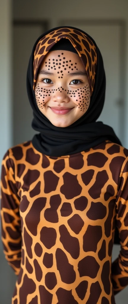 The beautiful,slender thin and clever asian muslimah adult girl with beautiful and shiny cheeks wears giraffe print lycra turtleneck unitard catsuit covered with spots and giraffe print lycra elastane stretchy dancewear square hijab covered with spots.She is clever and happy when she puts giraffe face paint makeup.