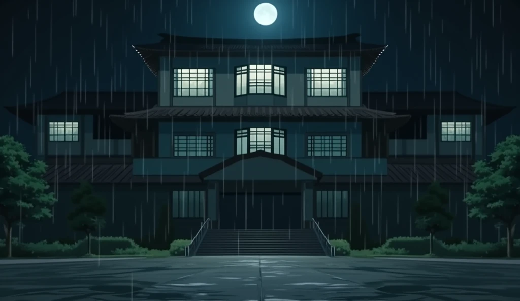 front of a  japanese school, no people, raining, night, moon, In the style of Makoto Shinkai。master piece, ultra detail, precision, ultra-realistic,
