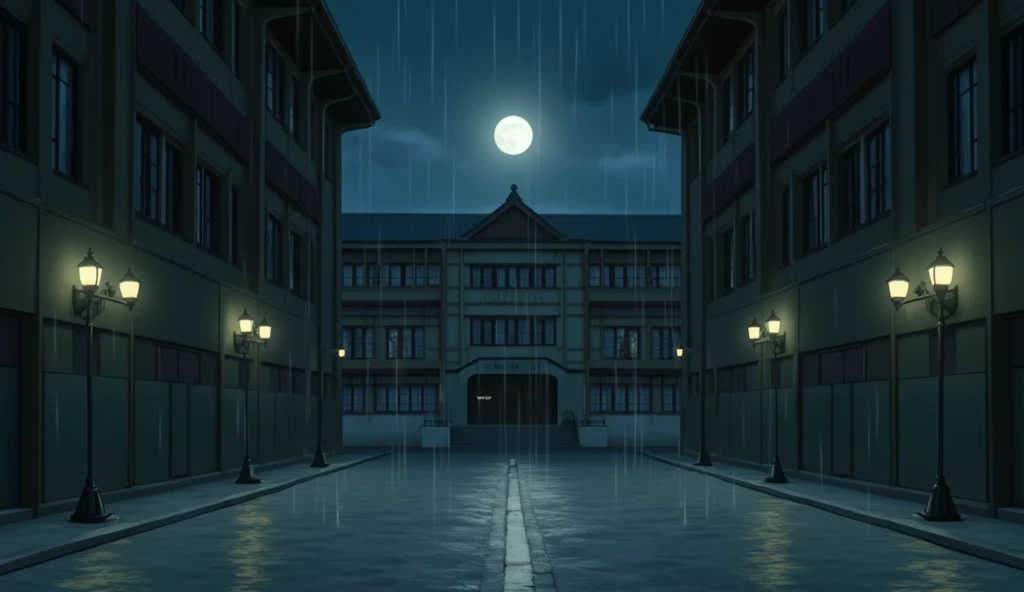 front of a japanese school, no people, raining, night, moon, In the style of Makoto Shinkai。master piece, ultra detail, precision, ultra-realistic,
