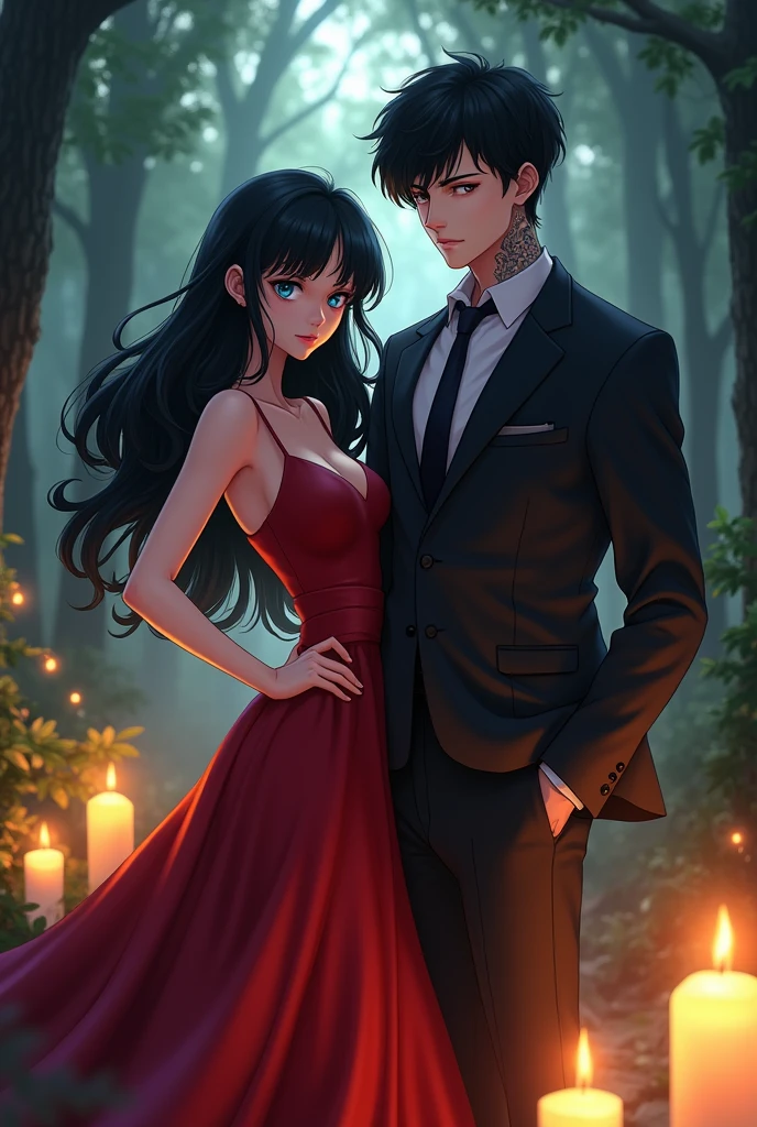 A girl with extraordinary beauty, black hair with salon waves and blue eyes, wearing a red dress highlighted on her body, in the forest with candles, next to a tall guy with black hair down to her chin, with short bangs and slightly wavy hair, with a tattooed neck and wearing a suit, with her hand on her waist and very serious - anime style with realistic details
