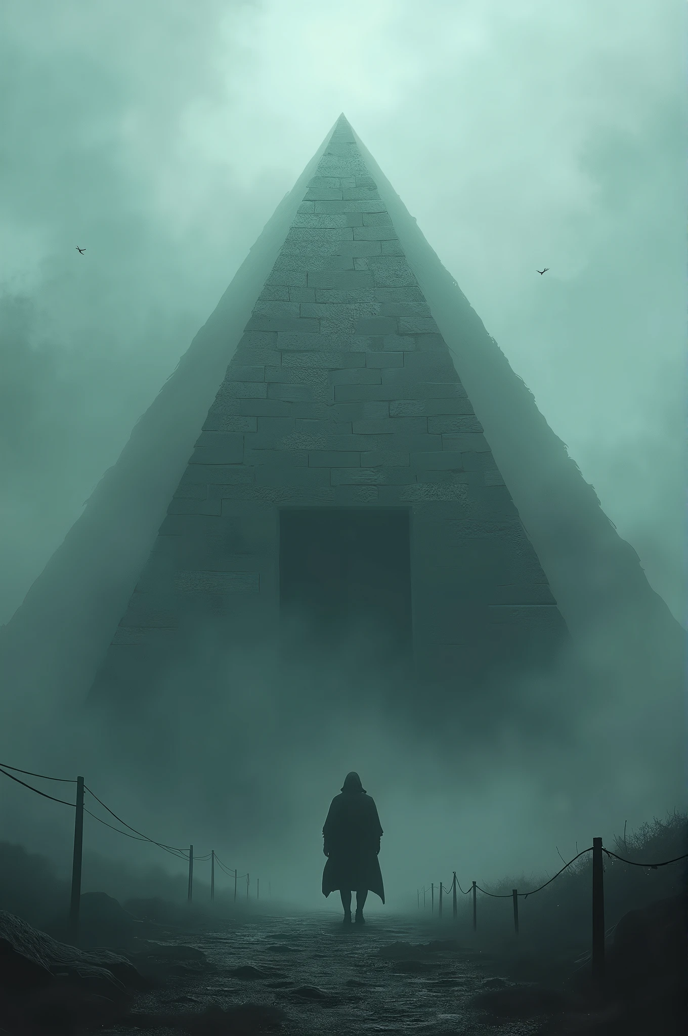 : A pyramid surrounded by swirling mist and dark shadows, giving a sense of foreboding and mystery.