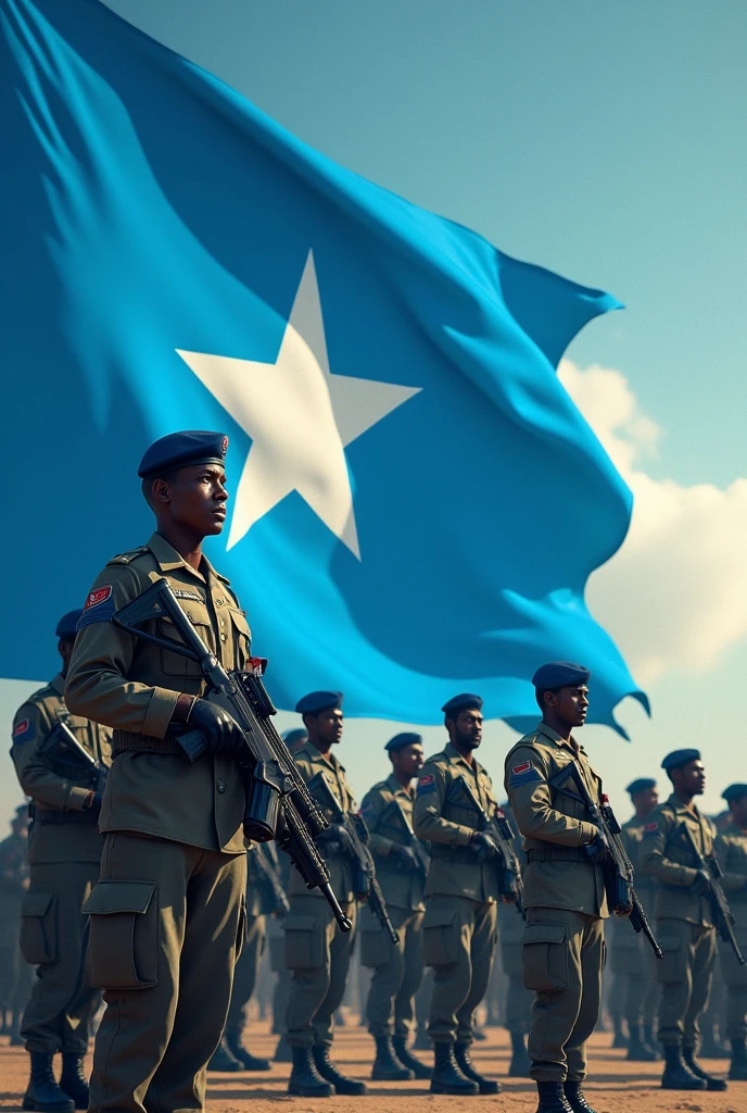 Somalia flag, blue in midel white star , and his army ,dontb add green