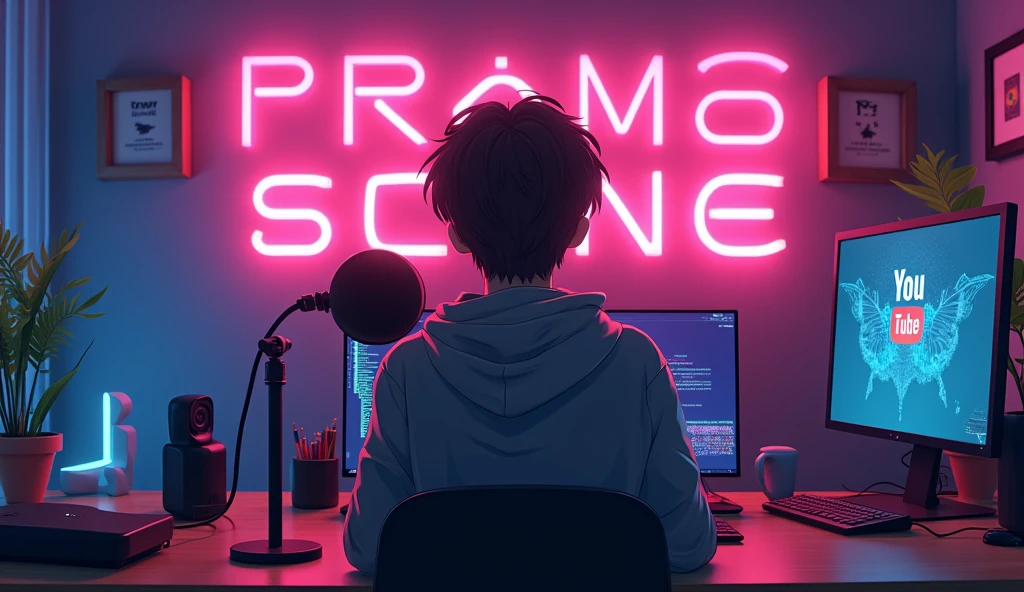 A 20-year-old boy in anime style, wearing a glasses, sits alone in a modern, colourfull room. He’s at a desk with a microphone and laptop. Dynamic RGB lighting highlights the scene, creating a hacker environment. Behind him, big text "Promo Seen" and a 3D YouTube logo are prominently displayed on the wall. The boy is the focal point, exuding a mysterious and tech-savvy vibe.