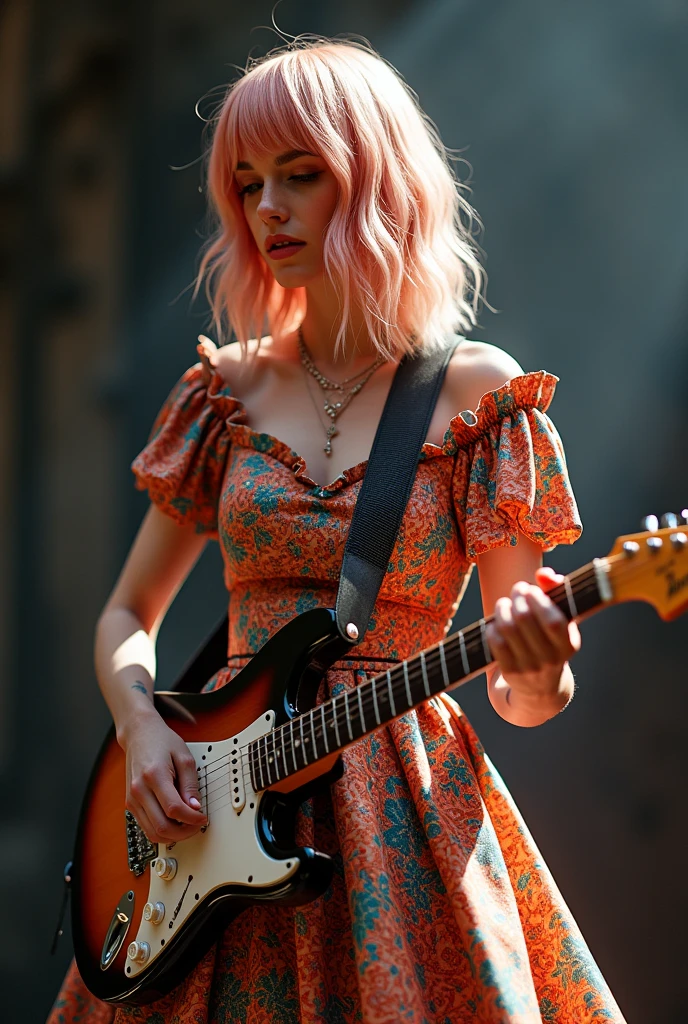 awesome beautiful hayley williams playing guitar wearing a Stunning Masterpiece of colorful geometric floral pattern dress in acuarela style, beautiful, incredible realistic forms and textures. Excessive detailed,, best quality, 12k, hdr+, accurate photo