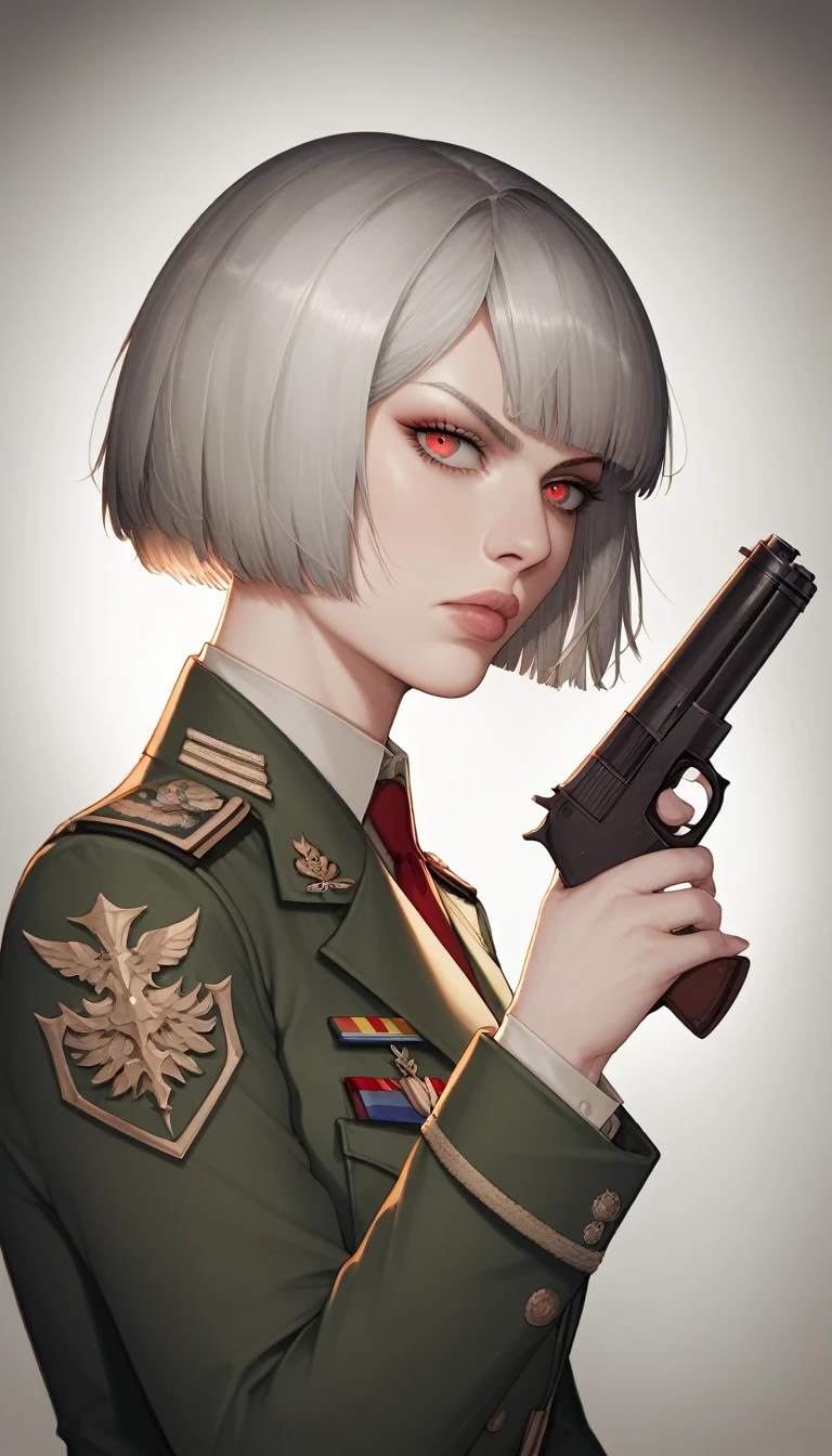 score_9, score_8_up, score_7_up, source_anime, best quality, amazing quality, absurdres, very aesthetic, 1girl, beautiful detailed eyes, beautiful detailed lips, military caps, military uniform, red eyes, short hair, grey hair, Bob Cut, holding army handgun, serious expression, side view, high quality, 8k, photorealistic, professional photography, cinematic lighting, dramatic shadows, muted color palette, gritty military style,