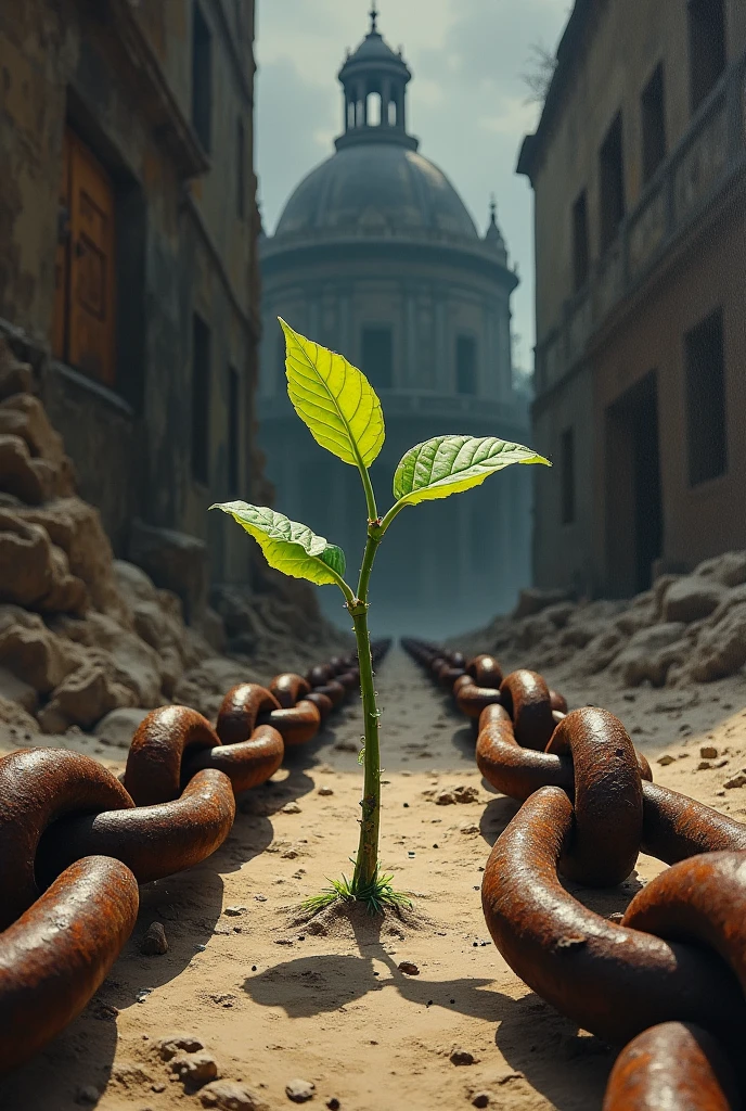 ultra realistic Impressionist oil painting of a tiny sprout of tree growing in large chains with big locks on the ground, by Edouard Manet, Raja Ravi Varma and Paul Cézanne mix style, big Rusty locks and chains, detailed Impressionistic painting, broader brush strokes, horrific night of the desert summer, Italian old deserted castle, dark room in background, intricate, highly detailed, ((Perfectly detailed small two leaves sprout)), oil on canvas, portrait painting by greg rutkowski, Dramatic portrait, (perfect anatomy), 4k UHD Portrait,