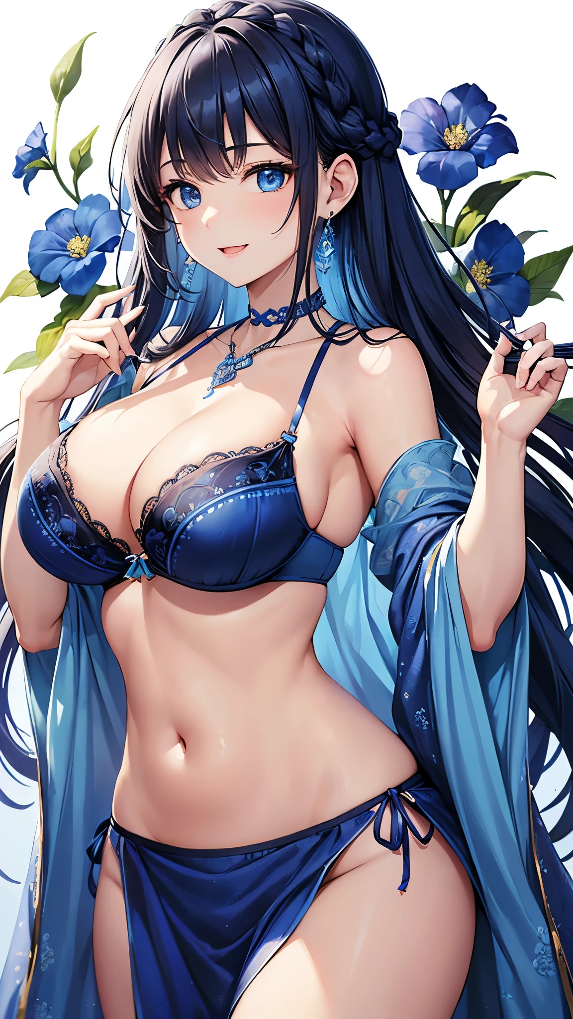 Highest quality、Highest quality、masterpiece、(8k resolution),beauty(Age 25)、(Mature Appearance)、Long Hair(Braiding of the sides)、blue eyes、(Underwear with intricate embroidery、bra)、Big cleavage、((Super big breasts))、smile、blue necklace、Blue Earrings、background(flower)、Please open your mouth wide、Dynamic pose、Blue choker、