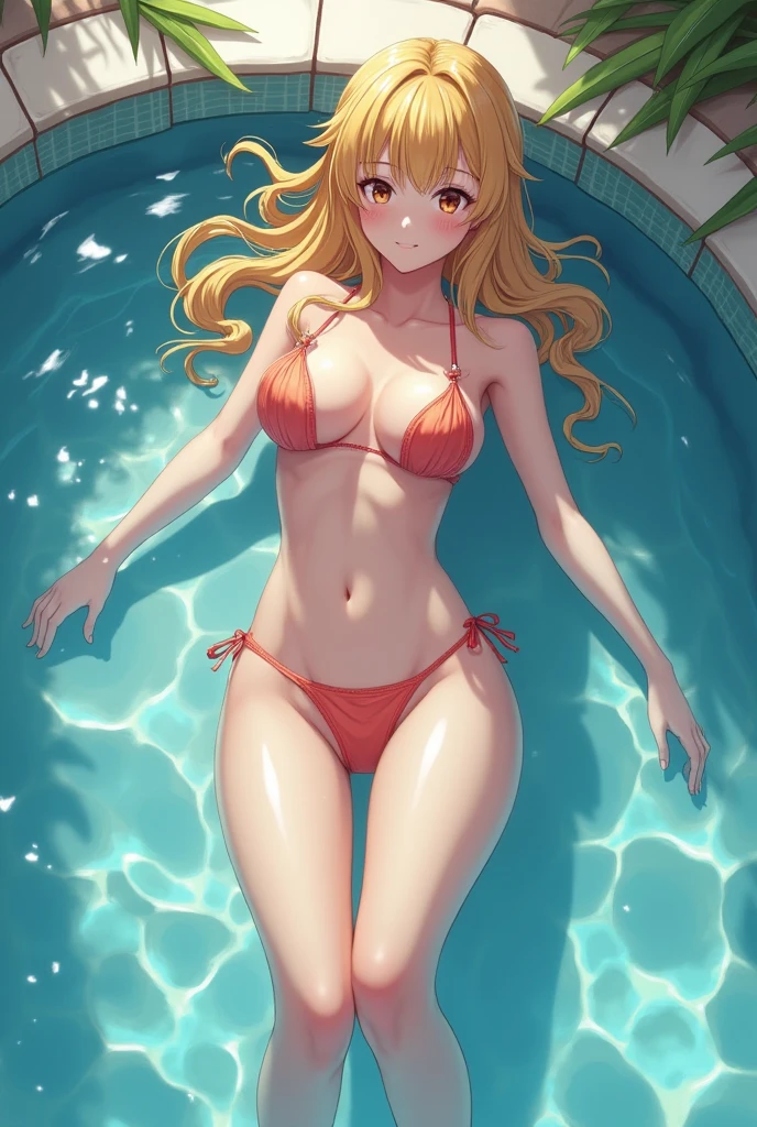 masterpiece, best quality, 1girl, very curly hair, blonde hair, shiny hair, tiara, diadem, medium breasts, glossy lips, good lighting, latifa fleuranza, pool, standing, frilly swimsuit, lips parted, blush, looking back at viewer