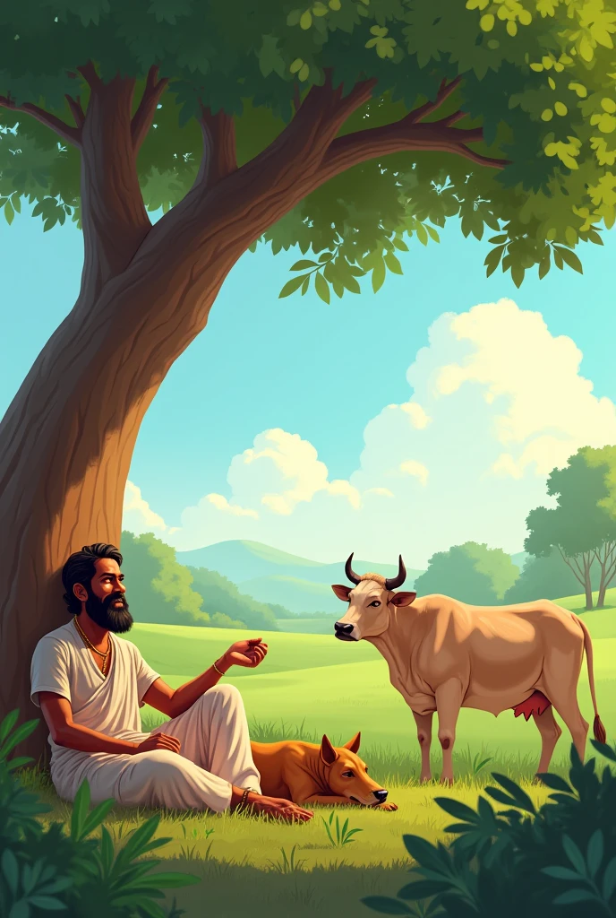 A Indian farmer resting below tre in afternoon , cow near him , a dong sleping , sunnny day