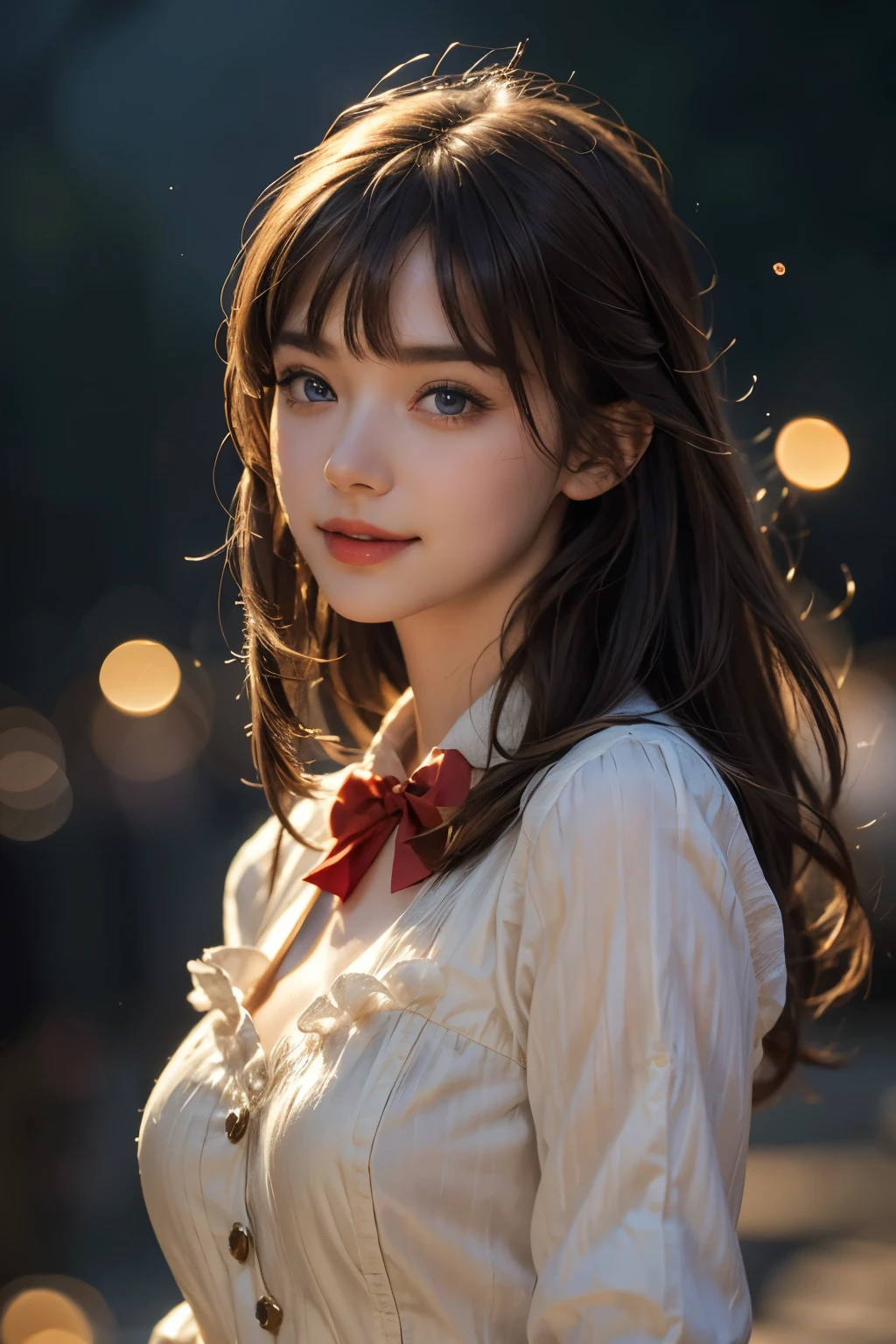 1girl, bangs, blue eyes, brown hair, long sleeves, medium hair, side view, solo, upper body, smile, red lips, bow, hair bow, red bow, hair between eyes, night, stars(symbol), lantern, light particles, blur, blur background, (extremely delicate and beautiful:1.2), (best quality,4k,8k,highres,masterpiece:1.2),ultra-detailed,(realistic,photorealistic,photo-realistic:1.37)