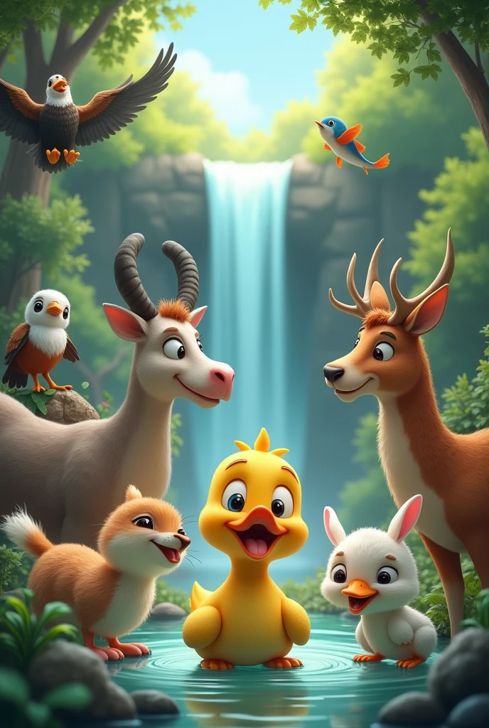 The duck is the main character. There are also other characters such as a cow, an eagle, a rabbit, a fish, and a deer. The scene is set in a forest with a waterfall.
