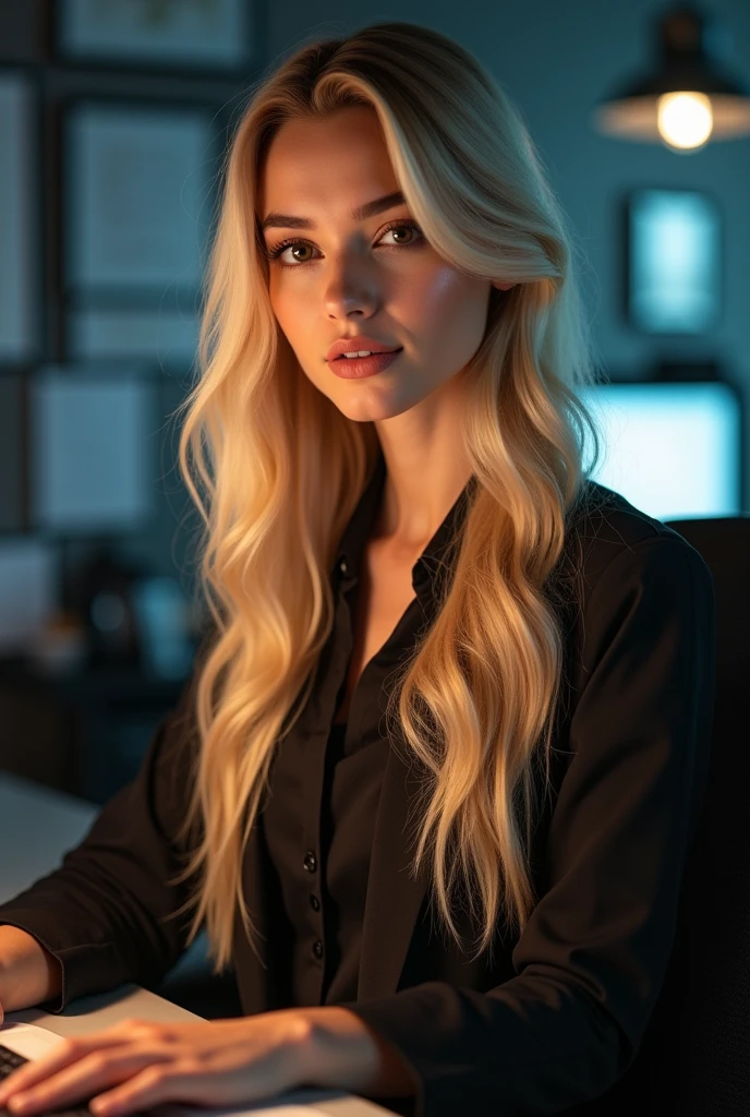 a beautiful girl with long blonde hair, detailed eyes, nose, and lips, wearing  professional outfit, siting in her office, using her computer, hp comuter (best quality,4k,8k,highres,masterpiece:1.2),ultra-detailed,(realistic,photorealistic,photo-realistic:1.37),HDR,studio lighting,extremely detailed face and body, portrait,cinematic lighting,dramatic lighting,warm color tones,dramatic colors