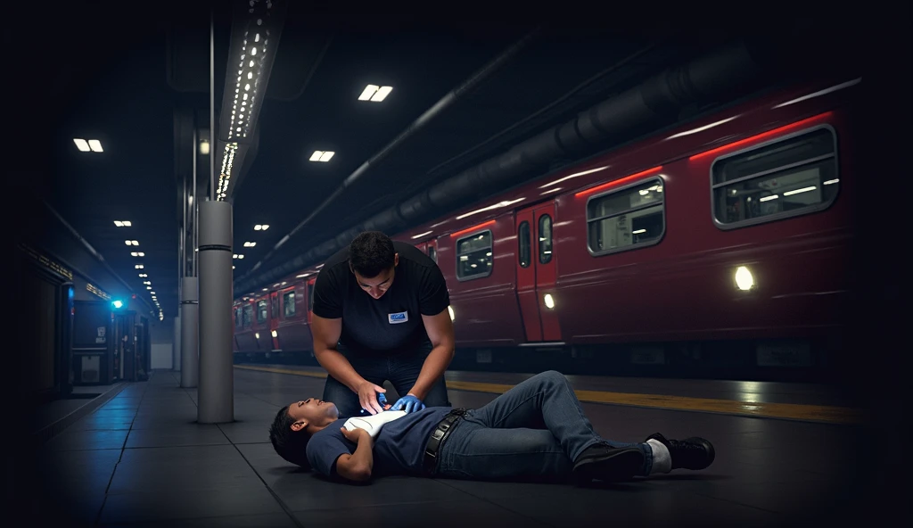 Scene at subway station,A subway train passing by in the background,Someone in front is using an AED to rescue the person lying down,3d,OC Renderer,High quality local rendering, Clean 3D Rendering,Hyper-realistic 3D rendering