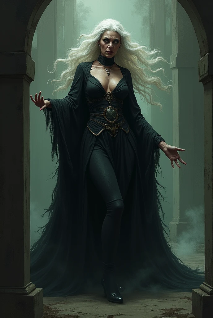 Old, ancient, witch, old female, powerful, fearsome, alluring, confident, motherly, dominant, grandma, evil, scary, possessive, slim, tall, monstruos, crone, vindictive, corrupted, sexy, seductress, abusive, hateful, ungrateful, cruel, evil smile, vengeful, wild, long hair, curvy, mean, dismissive, uncaring, wild, destructive, monstrous, villain, killer, sociopath, poisoner, betrayer