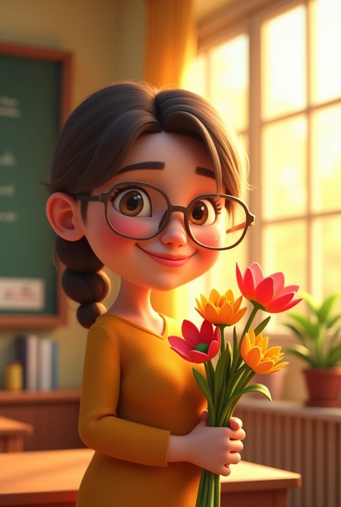The classroom is filled with sunshine in the afternoon, A teacher wearing glasses happily holds flowers sent by students, warm tone, teacher‘s character design, Pixar style 3d character