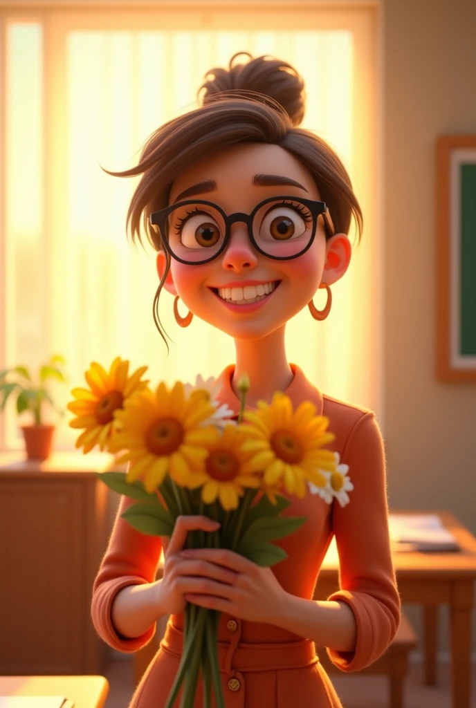 The classroom is filled with sunshine in the afternoon, A teacher wearing glasses happily holds flowers sent by students, warm tone, teacher‘s character design, Pixar style 3d character