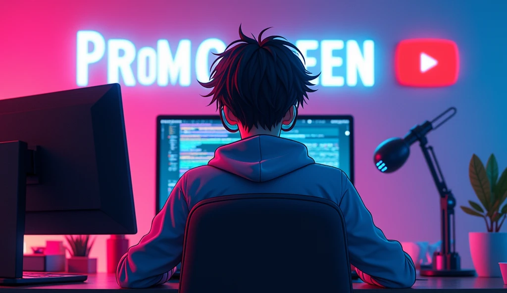 A 20-year-old boy in anime style, wearing a glasses Glowing face, sits alone in a modern, colourfull room. He’s at a desk with a microphone and laptop. Dynamic RGB lighting highlights the scene, creating a hacker environment. Behind him, big text "Promo Seen" and a 3D YouTube logo are prominently displayed on the wall. The boy is the focal point, exuding a mysterious and tech-savvy vibe.eye content with camera.