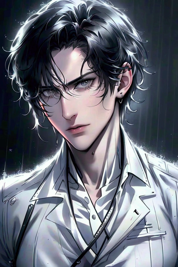 (of the highest quality,4k,8k,High resolution,masterpiece:1.2),Super detailed,(realist,photorealist,photo-realist:1.37),1 person,beautiful skin,White race, White skin, very handsome,short black hair,grey eyes, attractive, square jaw,sharp eyes,A perfect face without a doubt,psychiatric, psychologist, 27 years, no expression marks, half body, SERIOUS LOOK, no wrinkles, young adult, man, fondo de jardin asilo psychiatric,cinema lighting,imagen hdr,Atar、