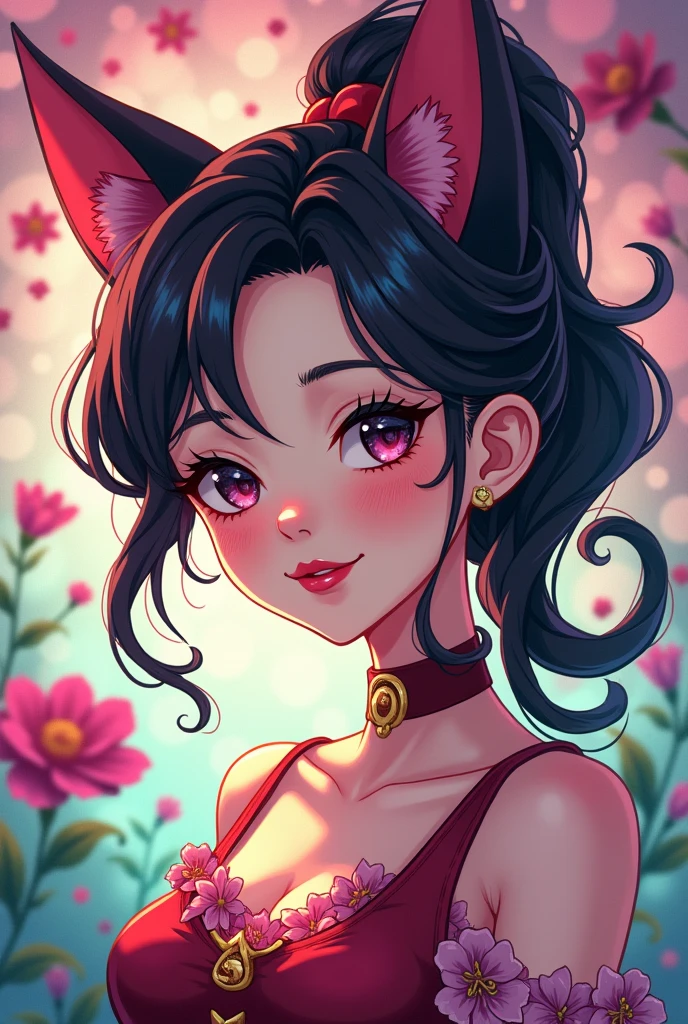 A girl in her 20s inspired by the smiling cat and the queen of hearts anime style