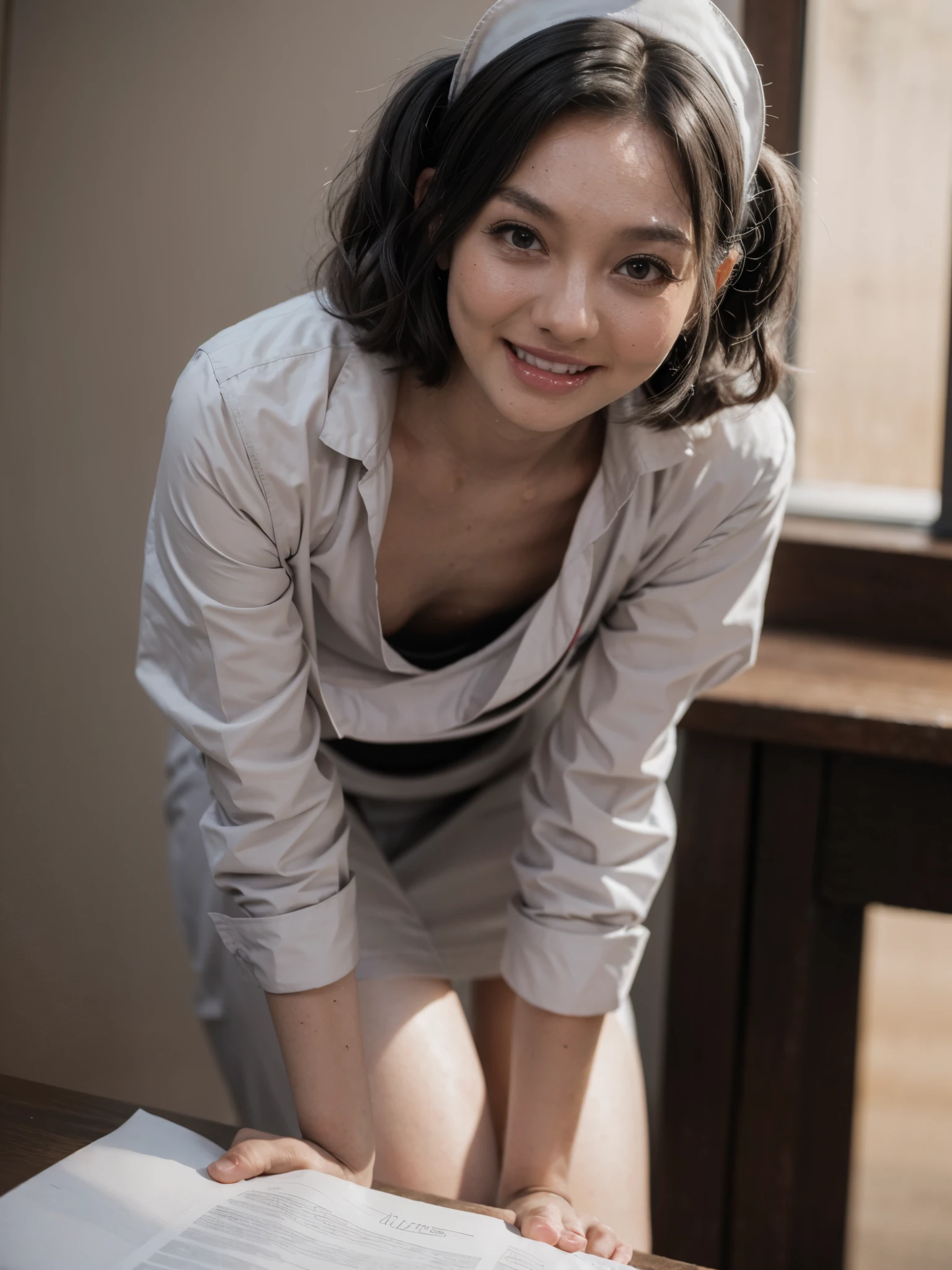 masterpiece, highest quality, 1 girl, Beautiful face in every detail, ((black Nurse)), Bent over, Down blouse, Smiling Short Hair, Wavy Hair, Twin tails, Gray Hair, Some unbuttoned nurse uniforms, (Small breasts), Pouting, Kissing Face