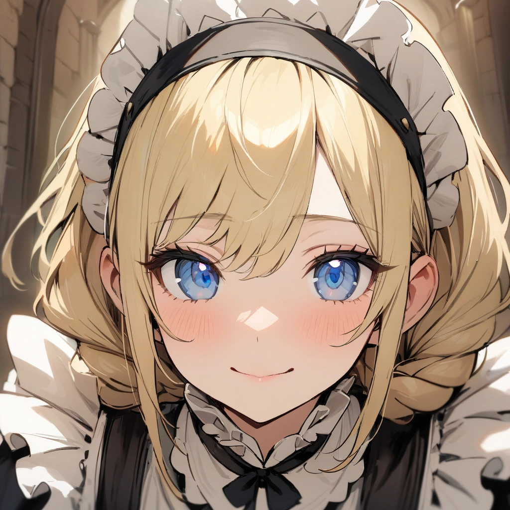 (female): solo, (perfect face), (detailed outfit), happy expression, blue eyes, baby face , blonde hair, long braided hair, maid outfit, (face close up), indoor, medieval mansion, (masterpiece), (best quality), (sharp focus), (depth of field), (high res)