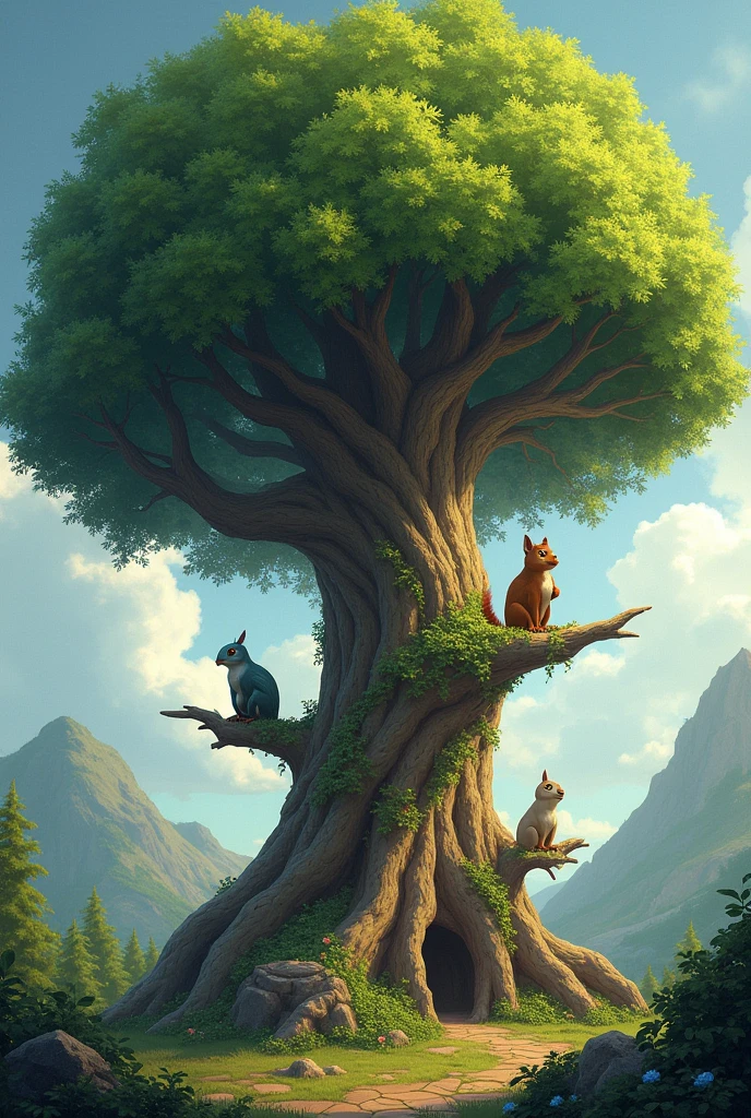 A sacred tree with a squirrel and a lizard and a bird