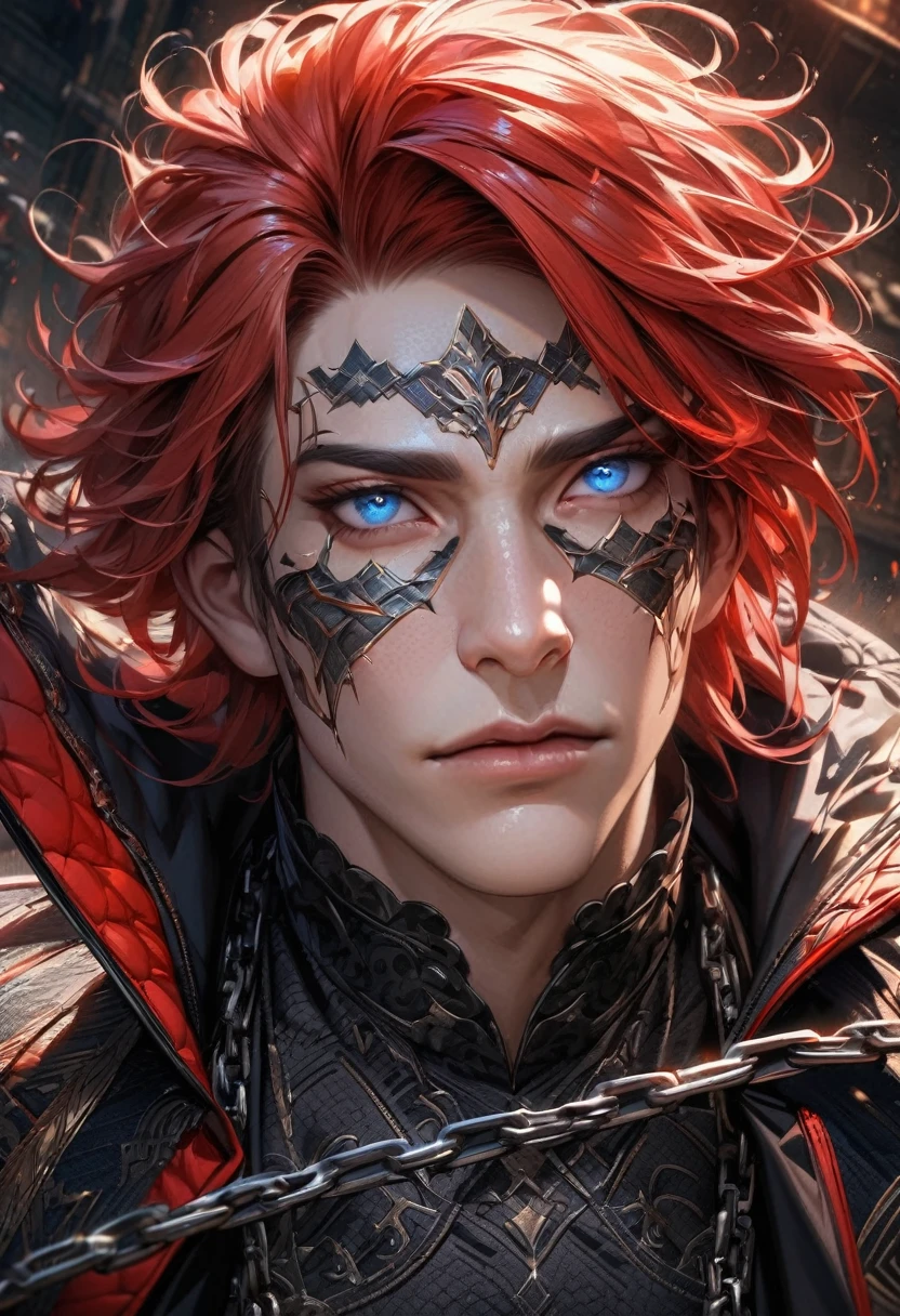 absurdres, highres, ultra detailed, HDR, master piece, best quality, extremely detailed face and eyes, perfect face, realistic face, beautiful eyes, Arthur Leywin, red hair, expressive blue eyes,Tbate, black jacket, black shirt, patterns, solo, man, handsome, chains