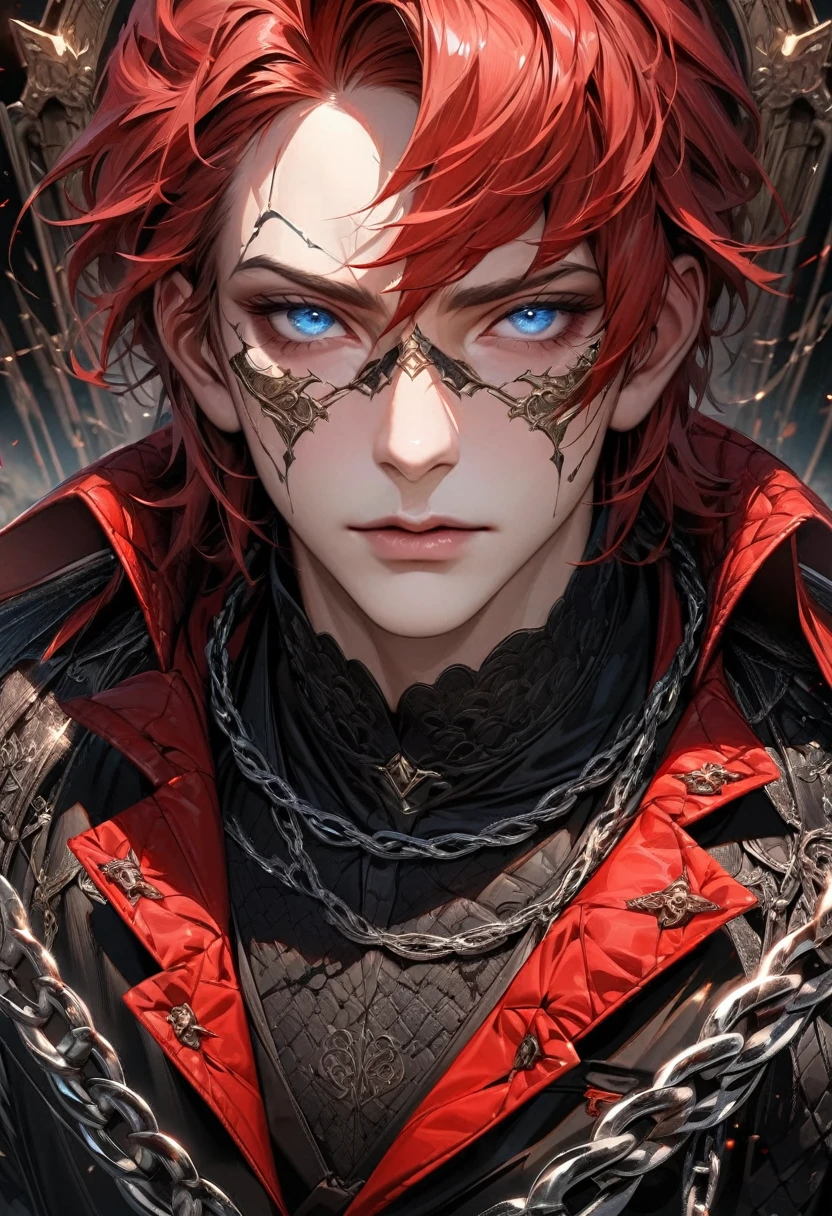 absurdres, highres, ultra detailed, HDR, master piece, best quality, extremely detailed face and eyes, perfect face, realistic face, beautiful eyes, Arthur Leywin, red hair, expressive blue eyes,Tbate, black jacket, black shirt, patterns, solo, man, handsome, chains