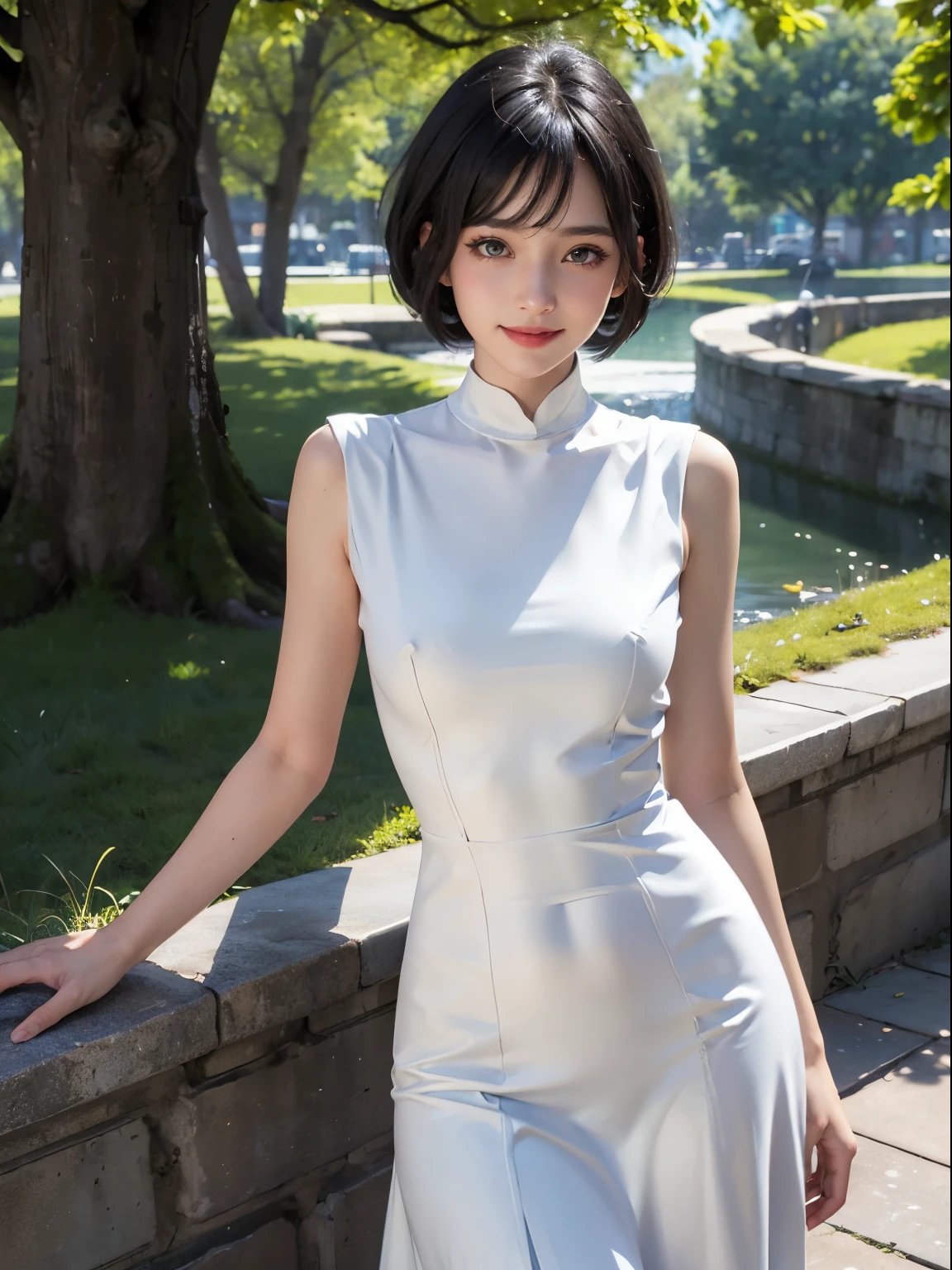 masterpiece, best quality, ultra-detailed,hyperrealistic,shiny skin,1girl,,pixie cut,((black hair)),short hair,moss green eyes,(((tareme))),smile,medium breasts,slender,standing,upperbody,white one-piece,white flowy dresses,ruffle dress,long skirt,park,