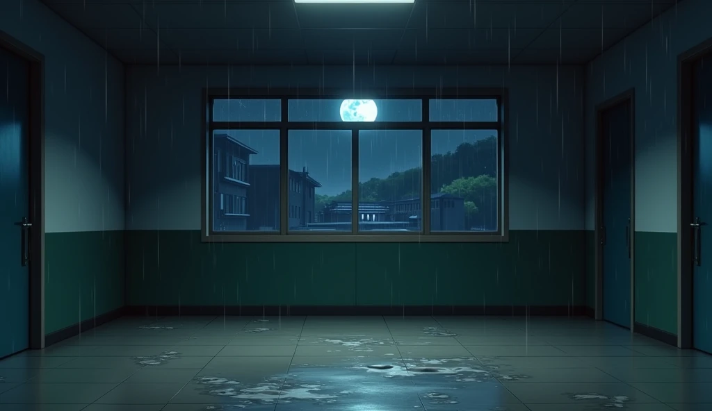 japanese school corridor, no people, raining, night, moon, In the style of Makoto Shinkai。master piece, ultra detail, precision, ultra-realistic,