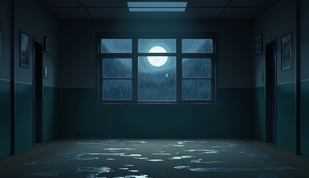   japanese school corridor, no people, raining, night, moon, In the style of Makoto Shinkai。master piece, ultra detail, precision, ultra-realistic,
