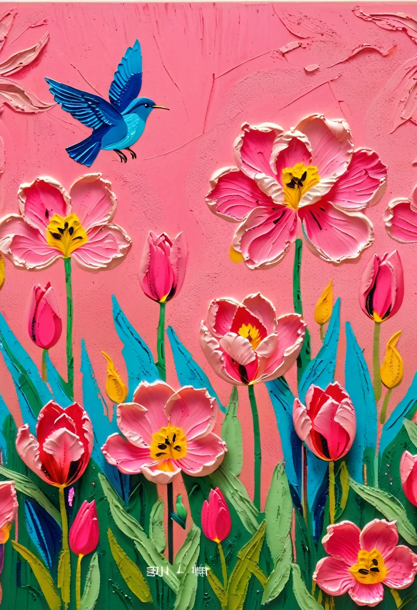 A painting：(((Soft tones，Chalk painting，Oil stick painting，flight，Thick coating，Uneven texture，Plaster texture，Graffiti)))。Korean style framed decorative painting，Stereo裱花，French style flower decoration，3d，Stereo，Pink tulips。