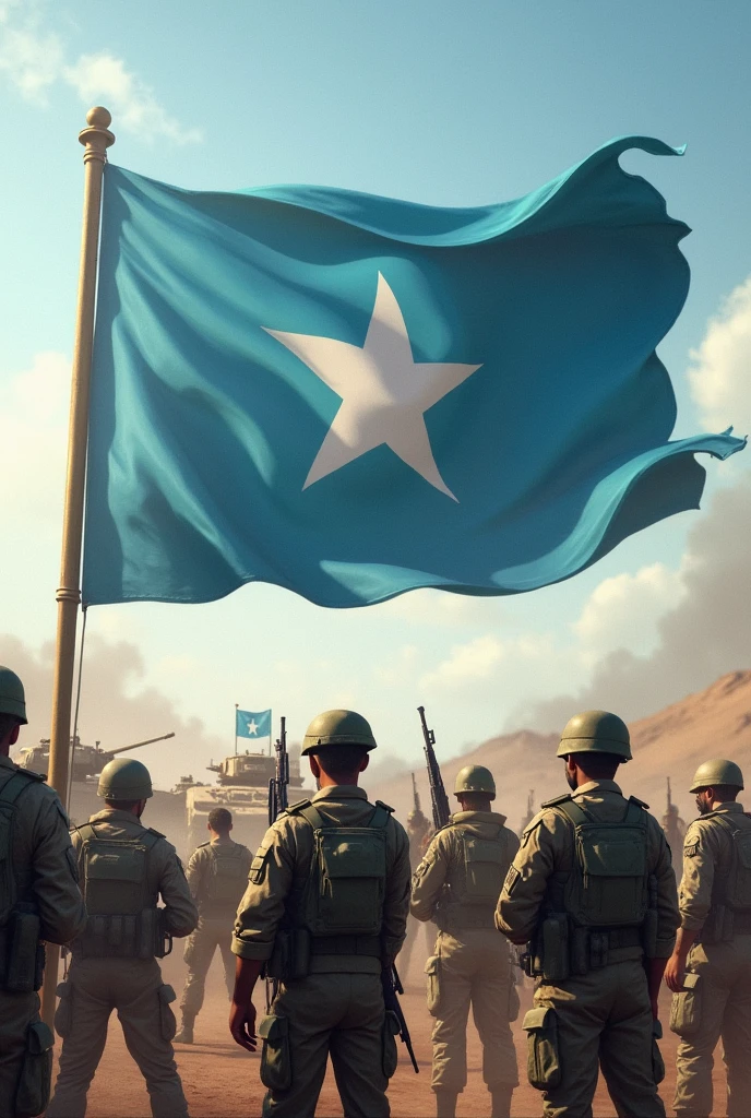 Somalia flag, blue in midel white star , and his army ,dontb add green,and havig tanks, in war