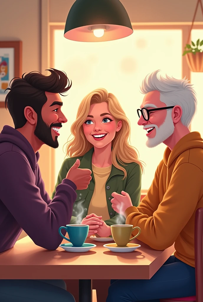 create a cover for a podcast, With the following data: three people having a cup of coffee, an 1, other people aged 38 and another person aged 45