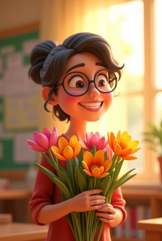 The classroom is filled with sunshine in the afternoon, A teacher wearing glasses happily holds flowers sent by students, warm tone, teacher‘s character design, Pixar style 3d character